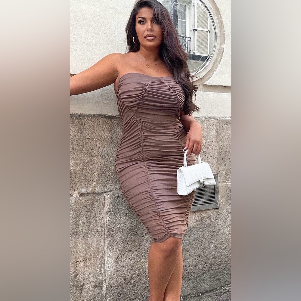 Fashion Nova Strapless Ruched Mini Dress in Taupe